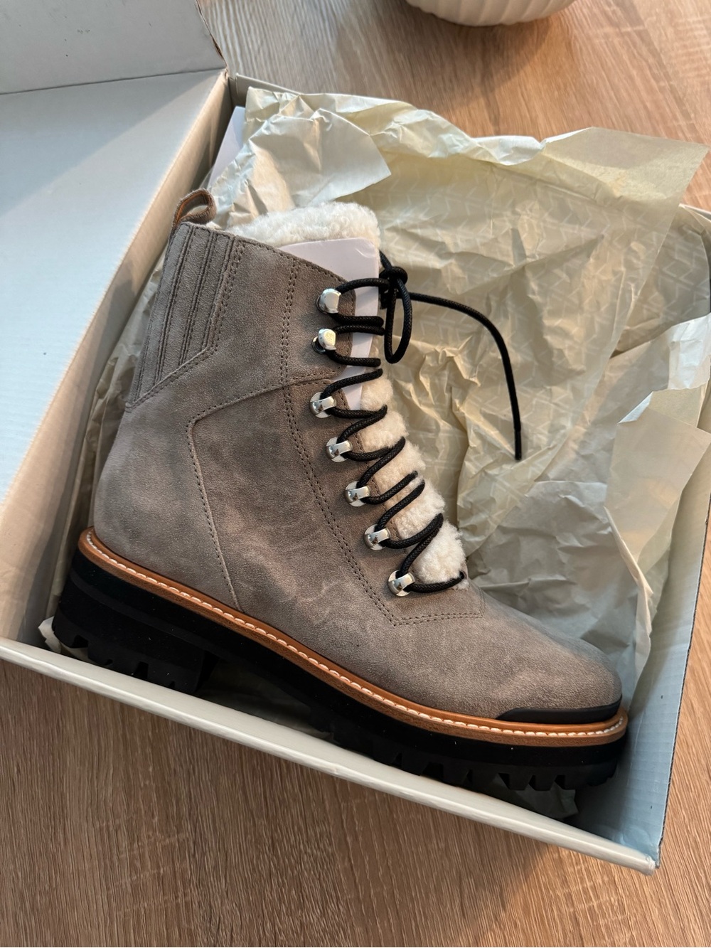 Marc Fisher Taupe Suede Lace-Up Shearling Boot